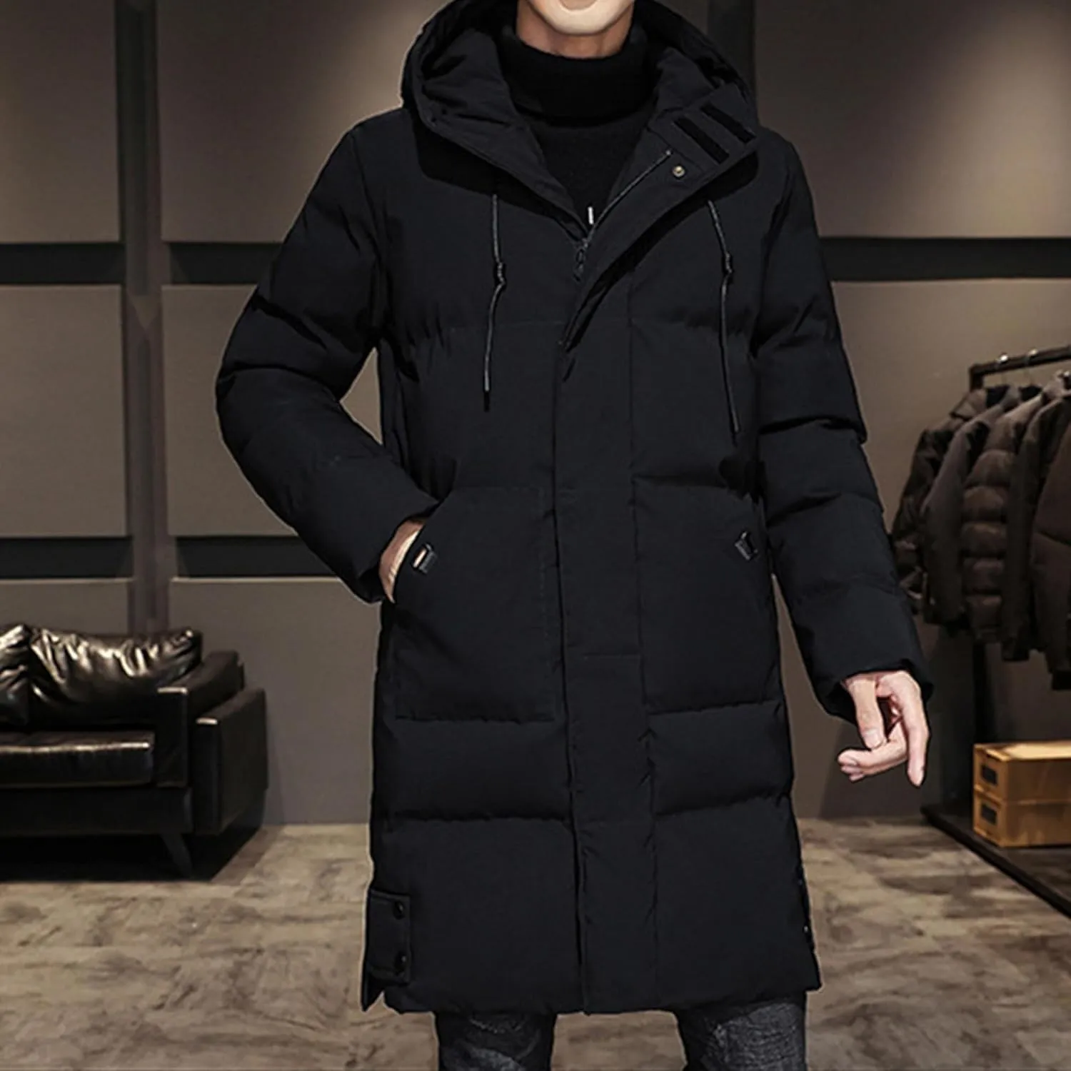 DGHM-JLMY Men's Mid Length Down Jacket Long Hooded Padded Puffer Jacket Full Zip Up Windproof Jacket Winter Coat