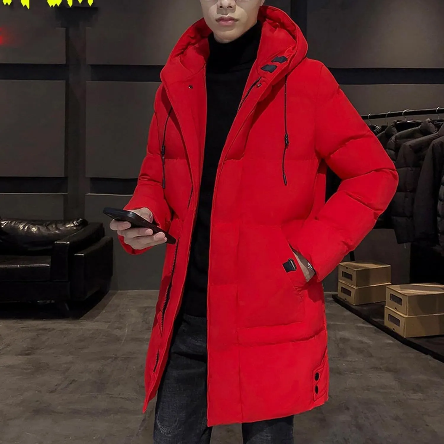 DGHM-JLMY Mens Mid Length Padded Cotton Jacket Hooded Windproof Thicken Puffer Coat Long Down Coats Warm Winter Outerwear