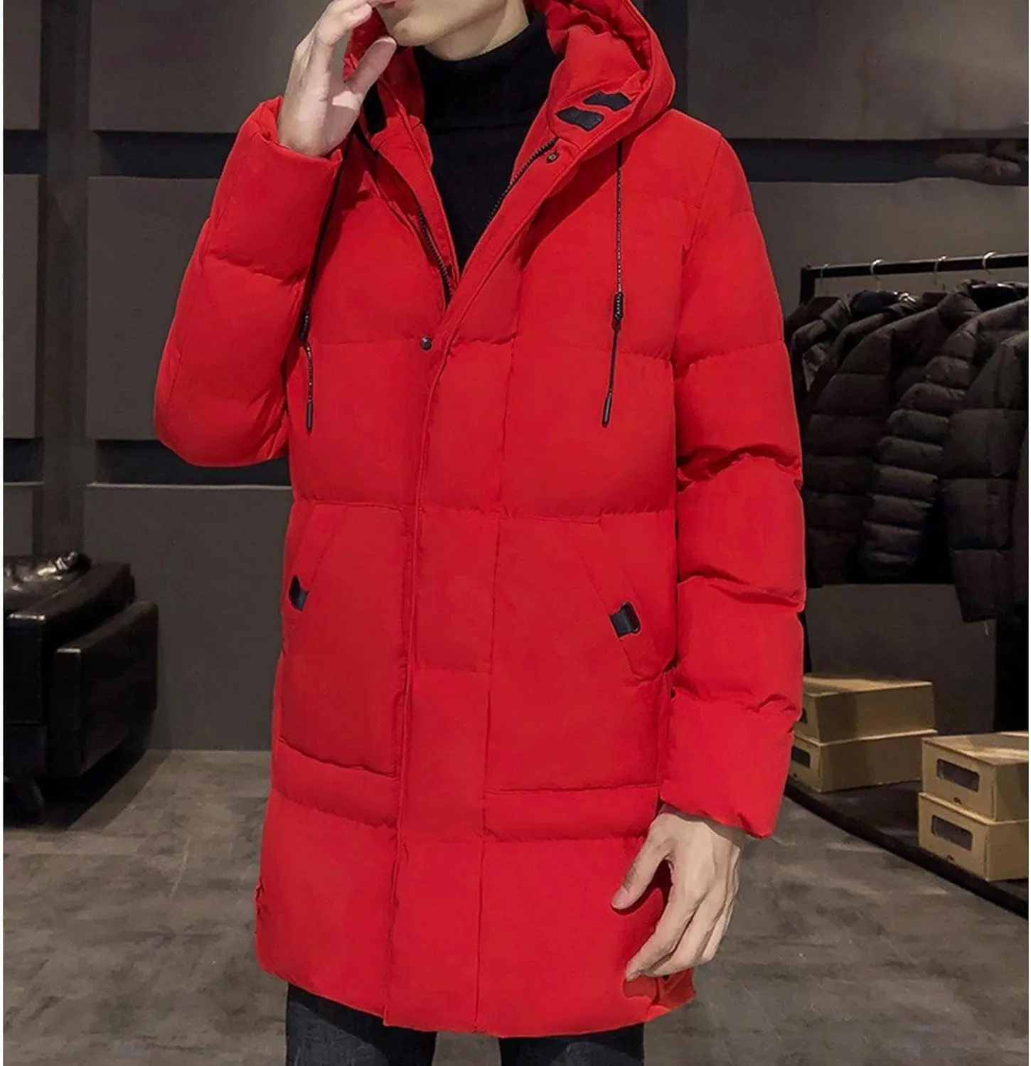 DGHM-JLMY Mens Mid Length Padded Cotton Jacket Hooded Windproof Thicken Puffer Coat Long Down Coats Warm Winter Outerwear