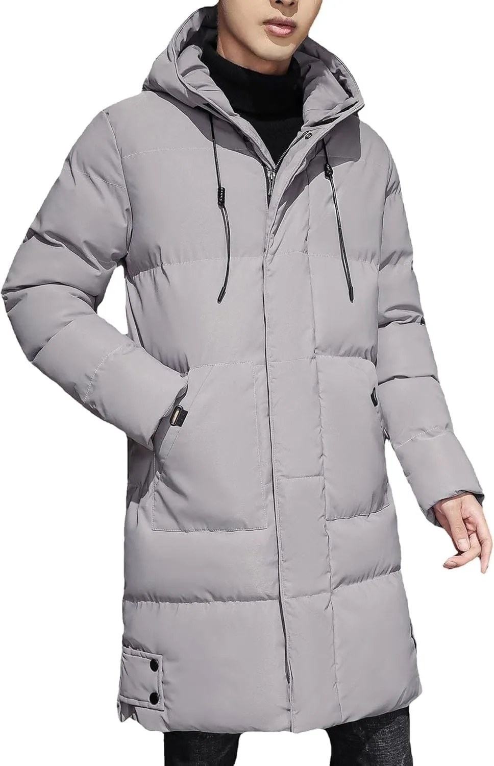 DGHM-JLMY Mens Mid Length Padded Cotton Jacket Hooded Windproof Thicken Puffer Coat Long Down Coats Warm Winter Outerwear