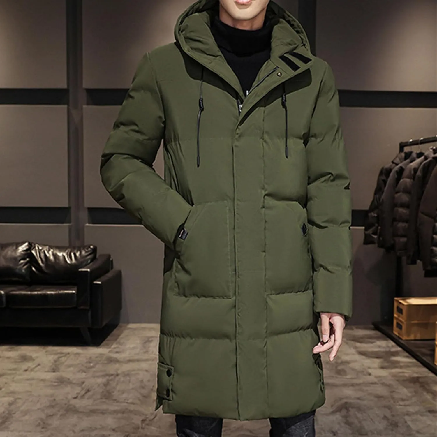 DGHM-JLMY Mens Mid Length Padded Cotton Jacket Hooded Windproof Thicken Puffer Coat Long Down Coats Warm Winter Outerwear