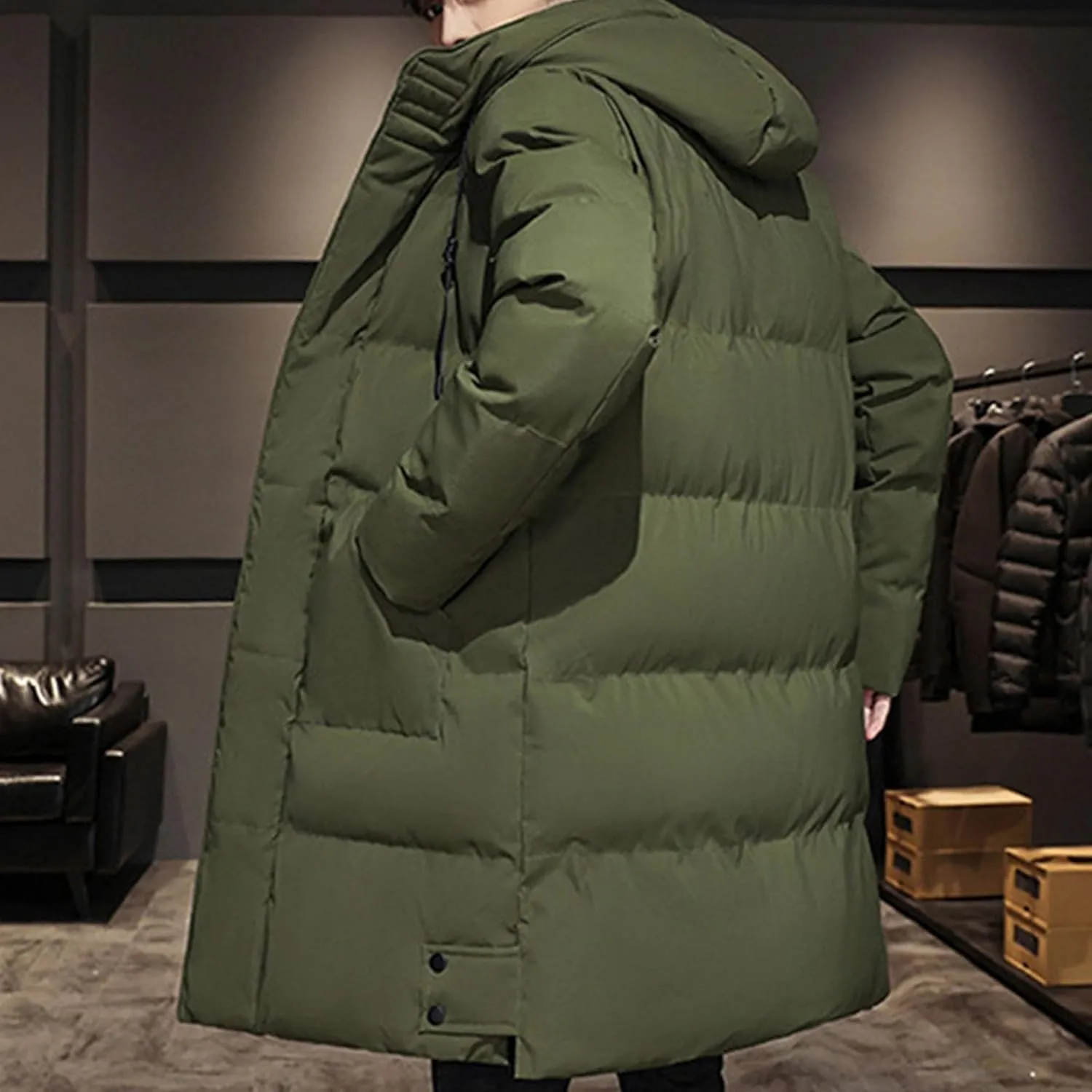 DGHM-JLMY Mens Mid Length Padded Cotton Jacket Hooded Windproof Thicken Puffer Coat Long Down Coats Warm Winter Outerwear