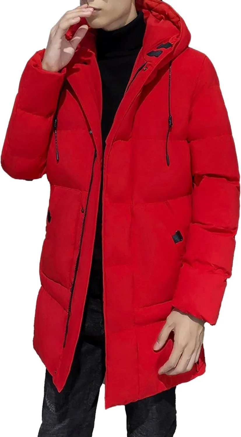 DGHM-JLMY Mens Mid Length Padded Cotton Jacket Hooded Windproof Thicken Puffer Coat Long Down Coats Warm Winter Outerwear
