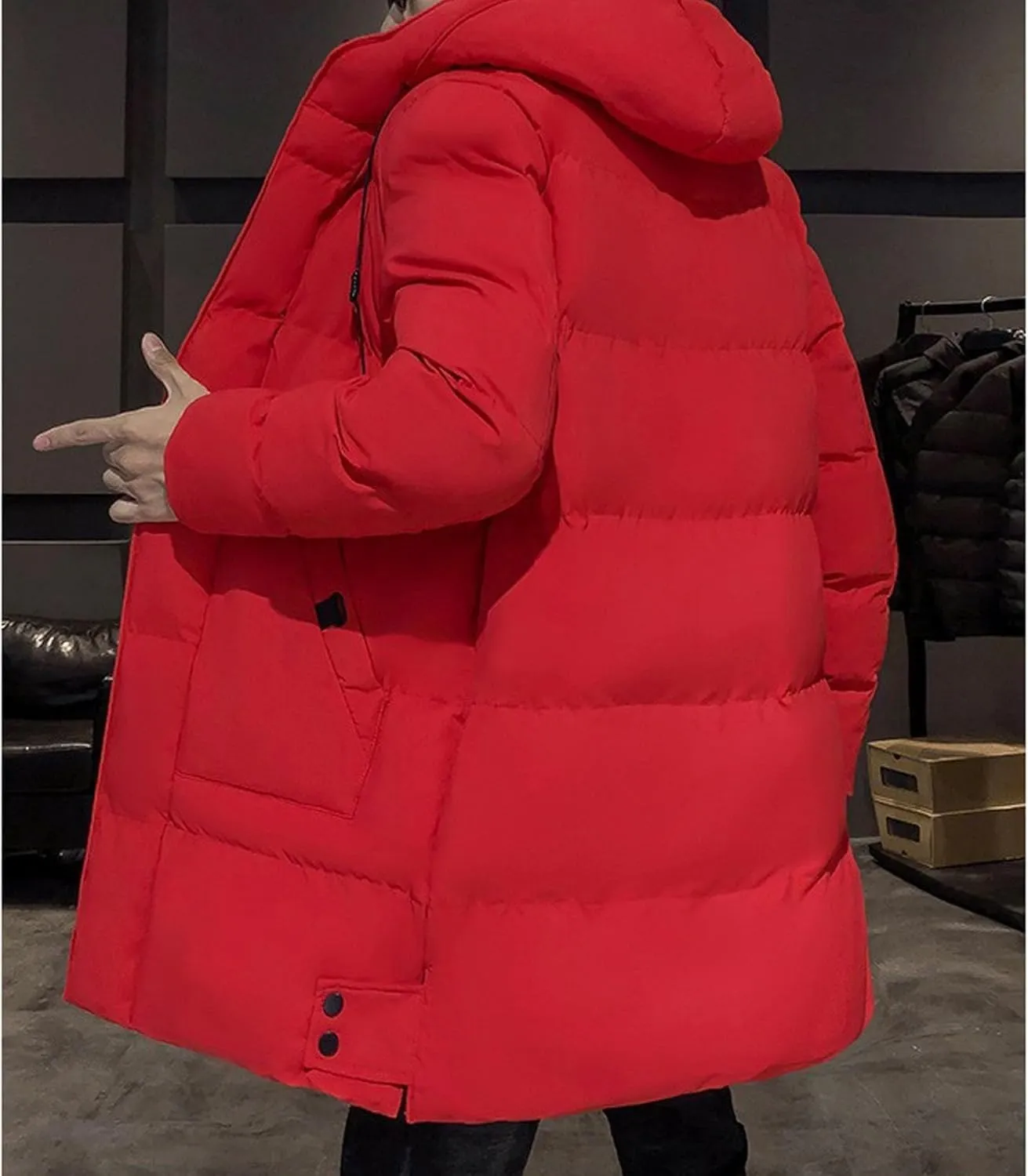 DGHM-JLMY Mens Mid Length Padded Cotton Jacket Hooded Windproof Thicken Puffer Coat Long Down Coats Warm Winter Outerwear