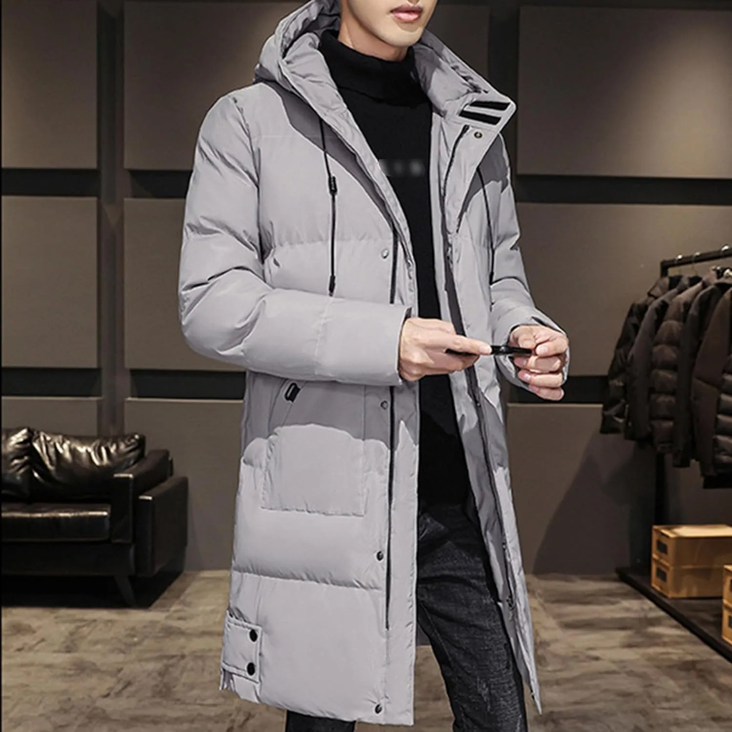 DGHM-JLMY Mens Mid Length Padded Cotton Jacket Hooded Windproof Thicken Puffer Coat Long Down Coats Warm Winter Outerwear