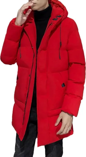 DGHM-JLMY Mens Mid Length Padded Cotton Jacket Hooded Windproof Thicken Puffer Coat Long Down Coats Warm Winter Outerwear