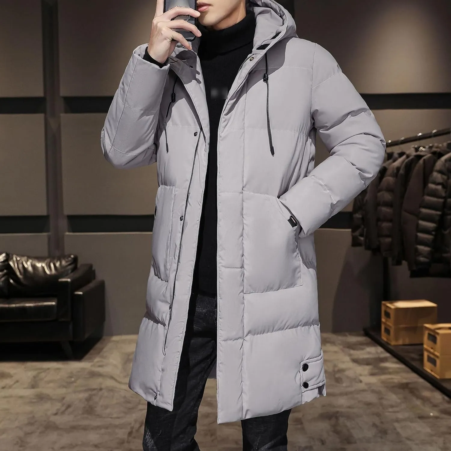 DGHM-JLMY Mens Mid Length Padded Cotton Jacket Hooded Windproof Thicken Puffer Coat Long Down Coats Warm Winter Outerwear