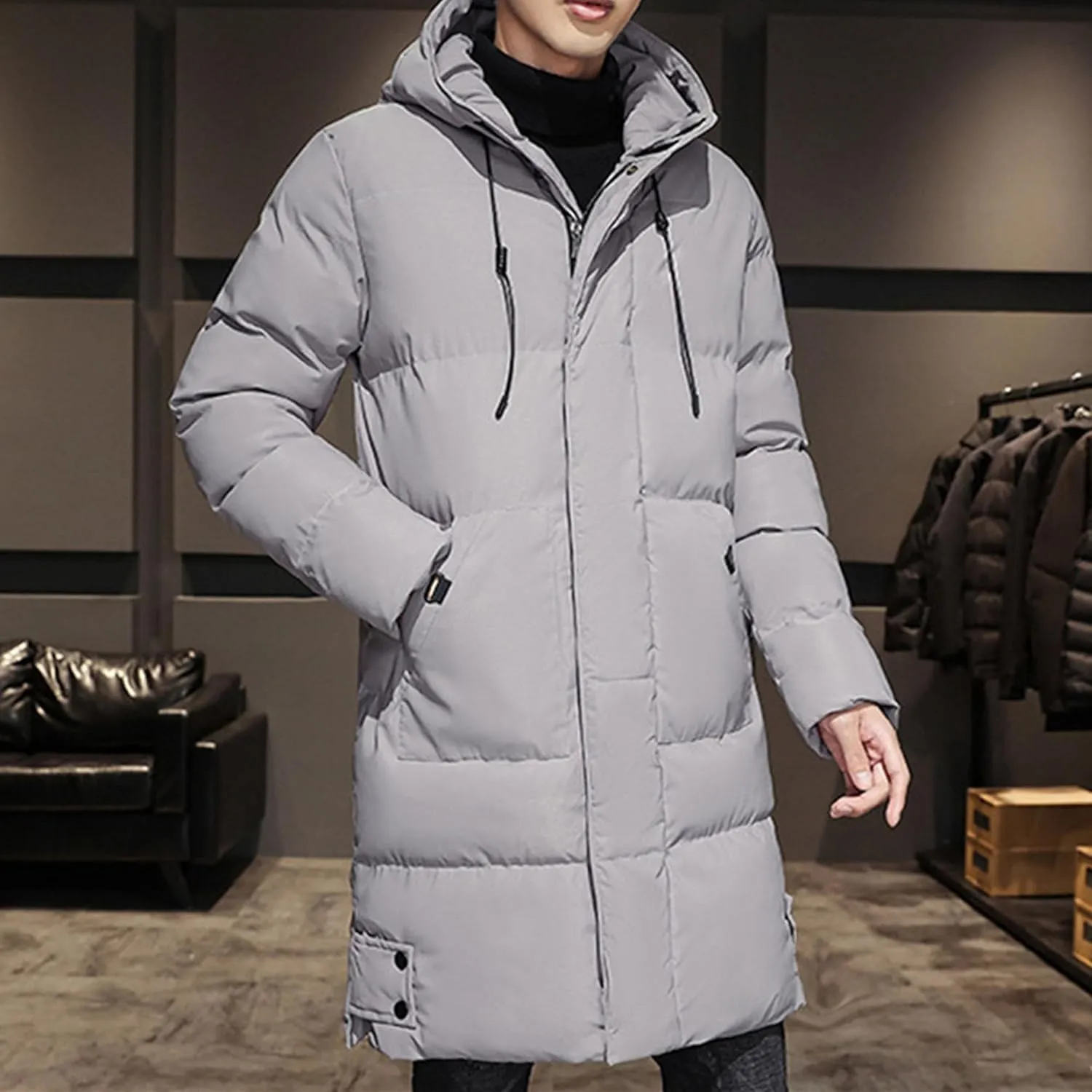 DGHM-JLMY Mens Mid Length Padded Cotton Jacket Hooded Windproof Thicken Puffer Coat Long Down Coats Warm Winter Outerwear