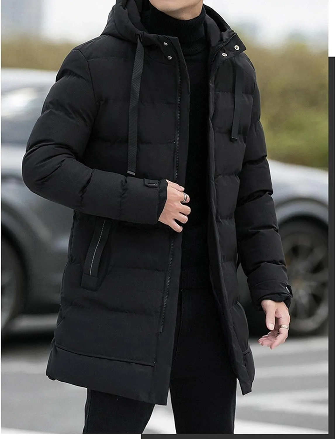 DGHM-JLMY Mens Mid Length Padded Cotton Jacket Hooded Windproof Thicken Puffer Coat Long Down Coats Warm Winter Outerwear