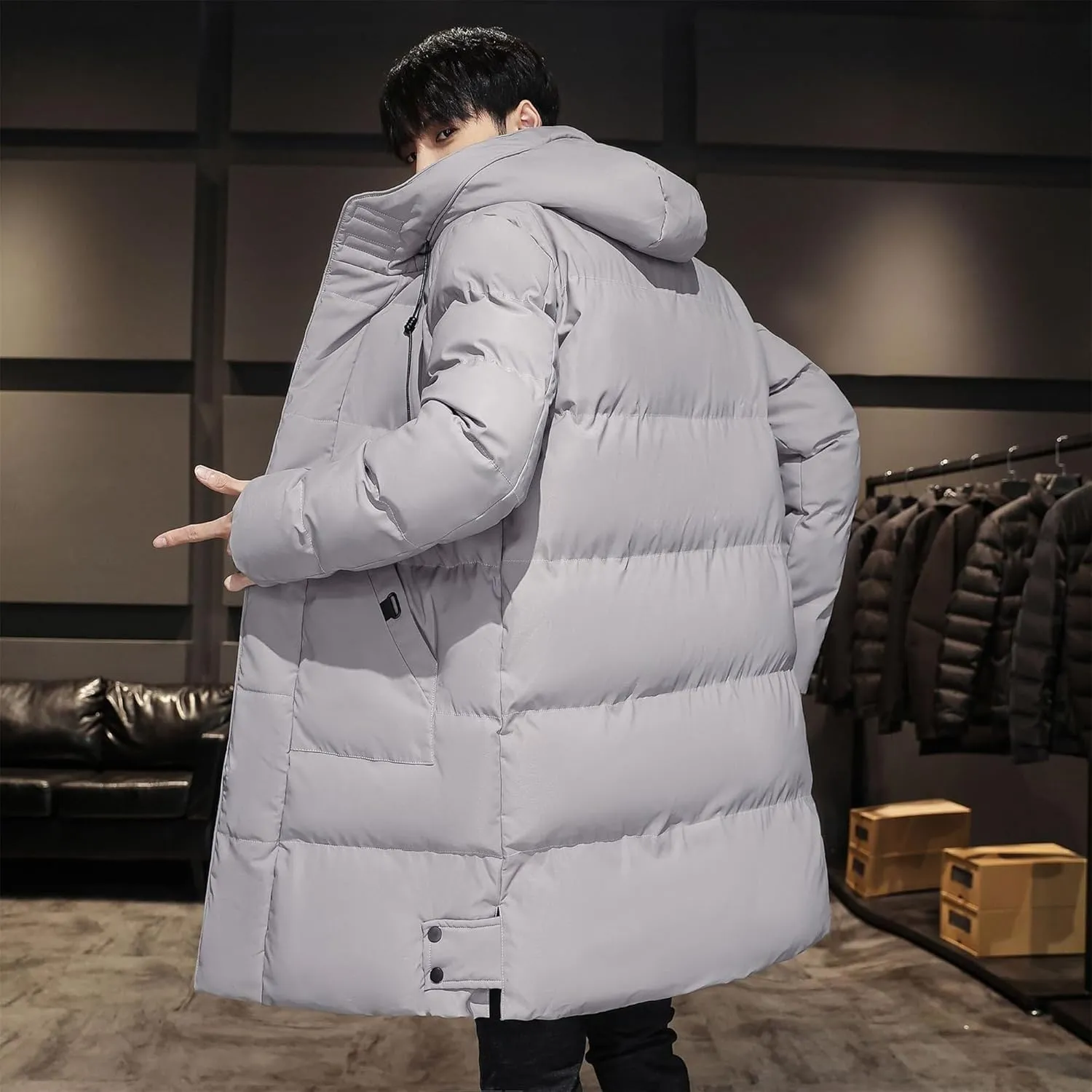 DGHM-JLMY Mens Mid Length Padded Cotton Jacket Hooded Windproof Thicken Puffer Coat Long Down Coats Warm Winter Outerwear
