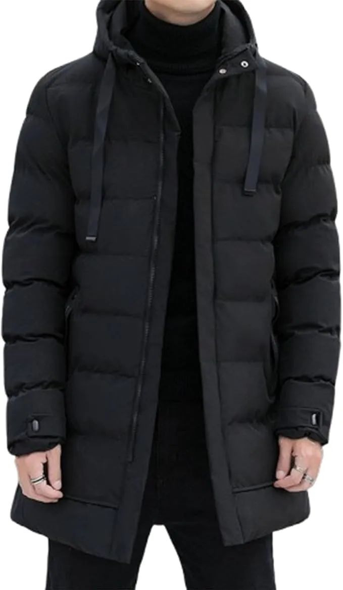 DGHM-JLMY Mens Mid Length Padded Cotton Jacket Hooded Windproof Thicken Puffer Coat Long Down Coats Warm Winter Outerwear