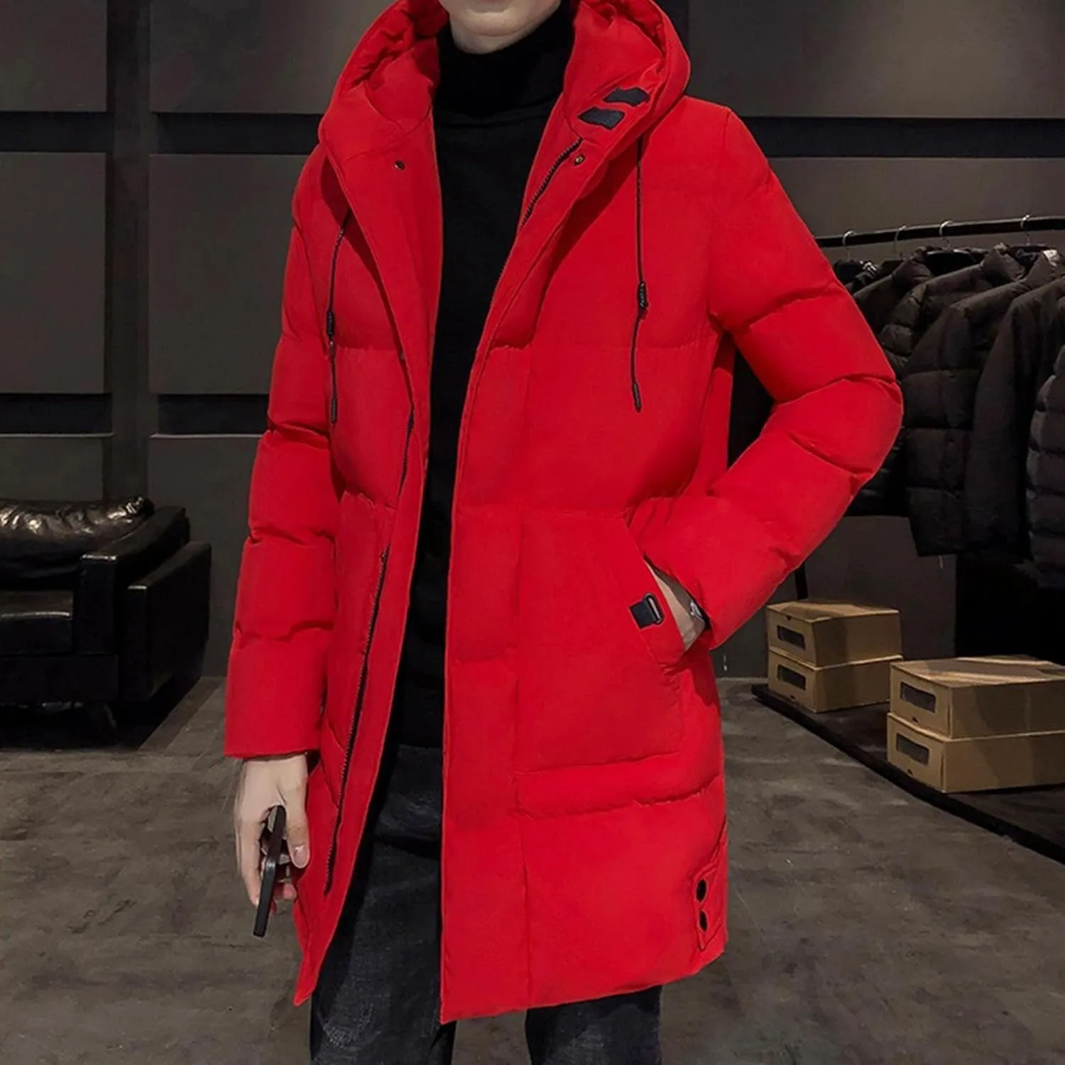 DGHM-JLMY Mens Mid Length Padded Cotton Jacket Hooded Windproof Thicken Puffer Coat Long Down Coats Warm Winter Outerwear