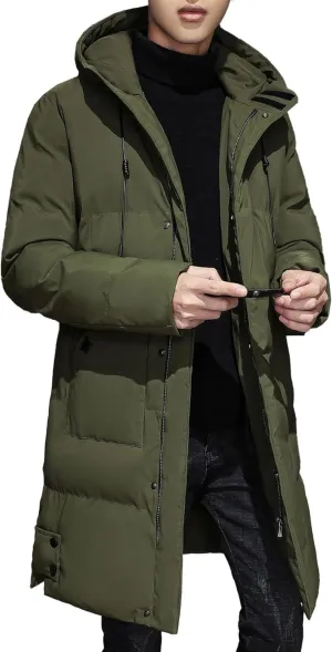 DGHM-JLMY Mens Mid Length Padded Cotton Jacket Hooded Windproof Thicken Puffer Coat Long Down Coats Warm Winter Outerwear
