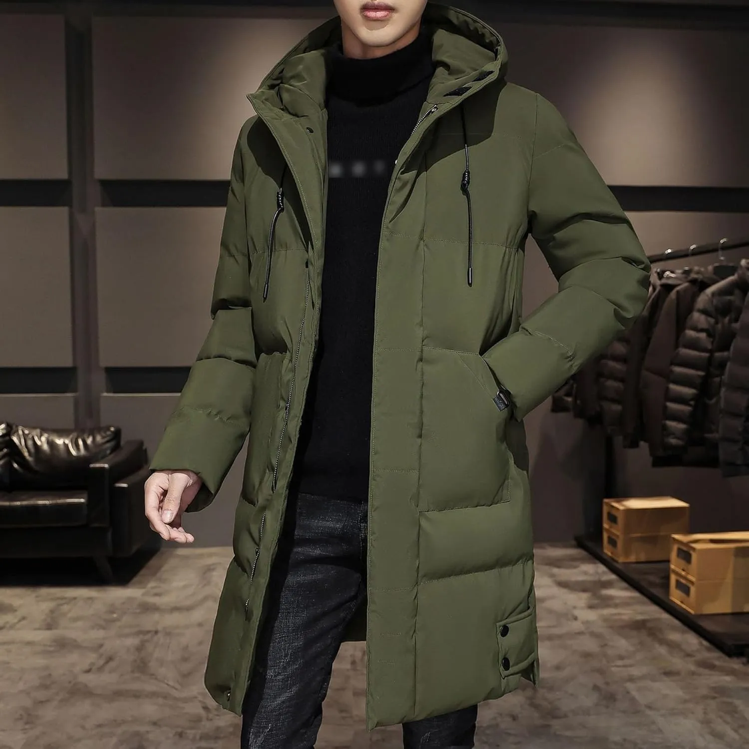 DGHM-JLMY Mens Mid Length Padded Cotton Jacket Hooded Windproof Thicken Puffer Coat Long Down Coats Warm Winter Outerwear