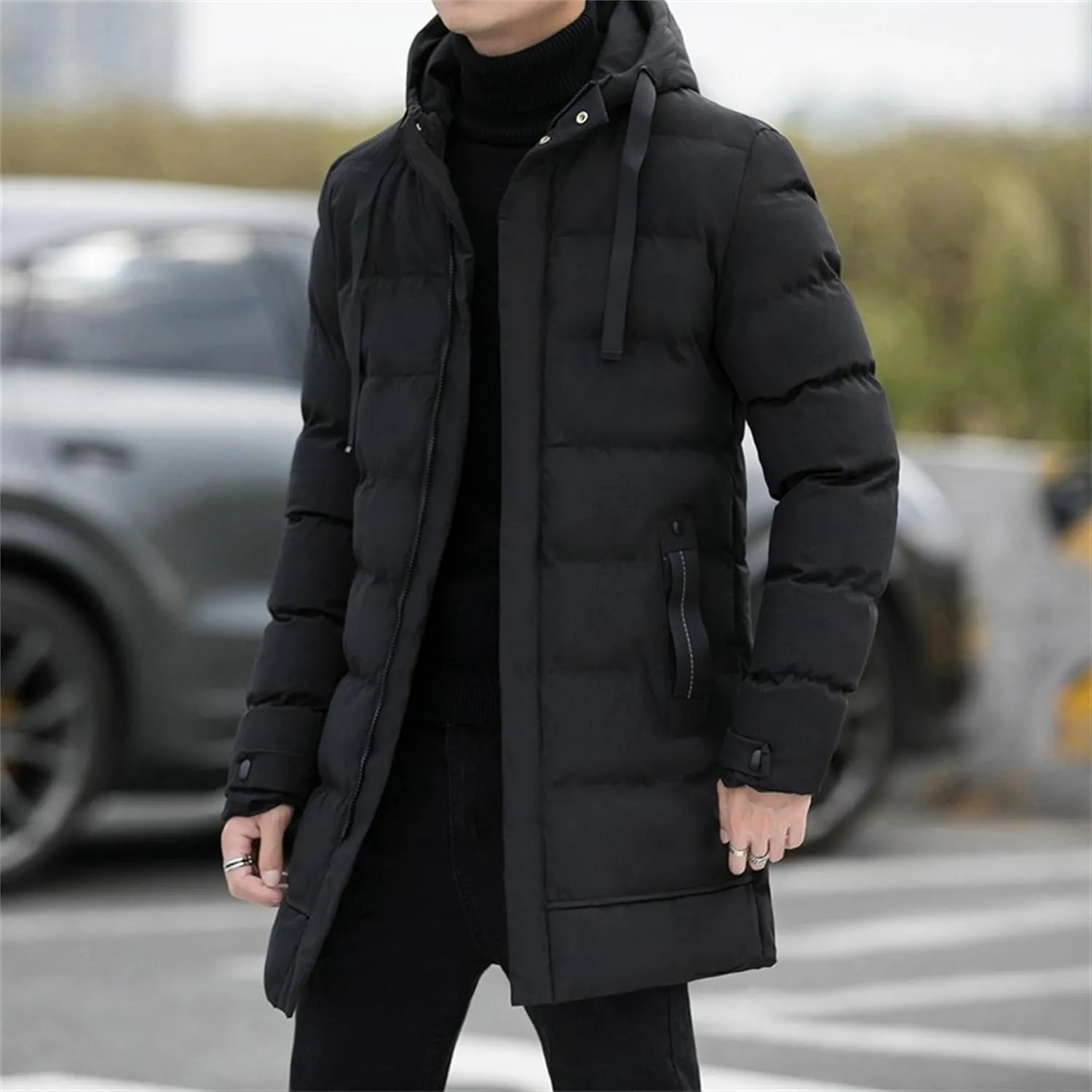 DGHM-JLMY Mens Mid Length Padded Cotton Jacket Hooded Windproof Thicken Puffer Coat Long Down Coats Warm Winter Outerwear