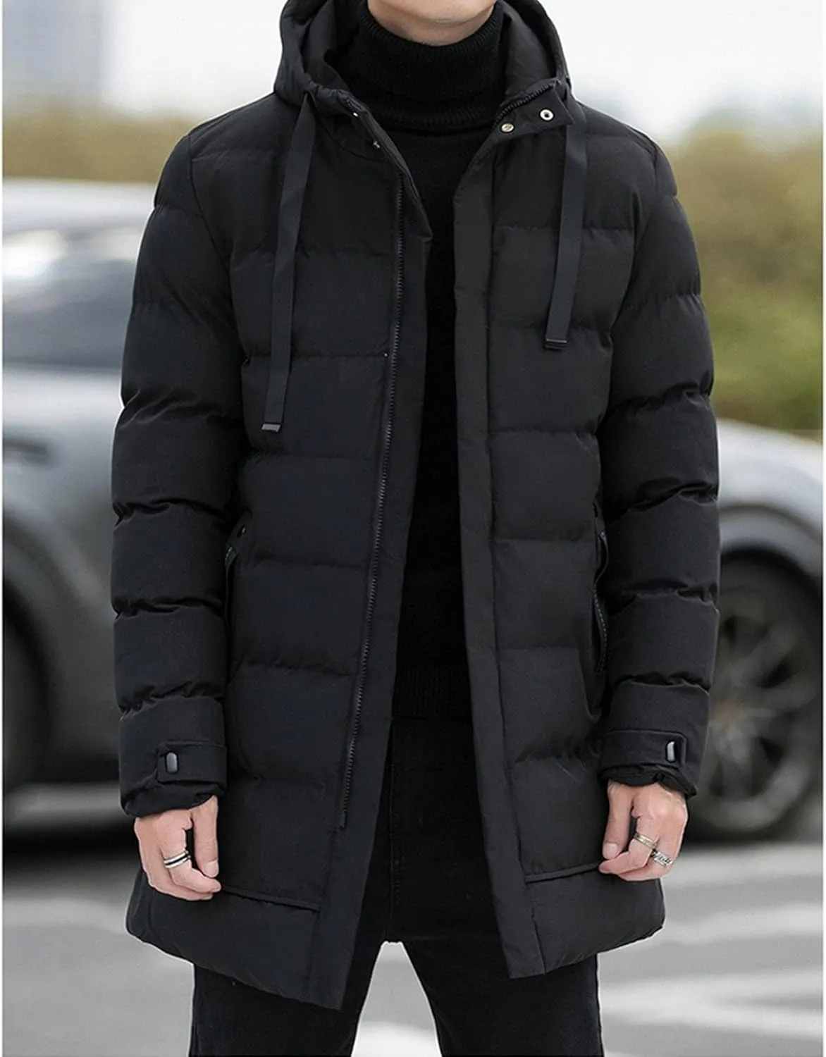 DGHM-JLMY Mens Mid Length Padded Cotton Jacket Hooded Windproof Thicken Puffer Coat Long Down Coats Warm Winter Outerwear