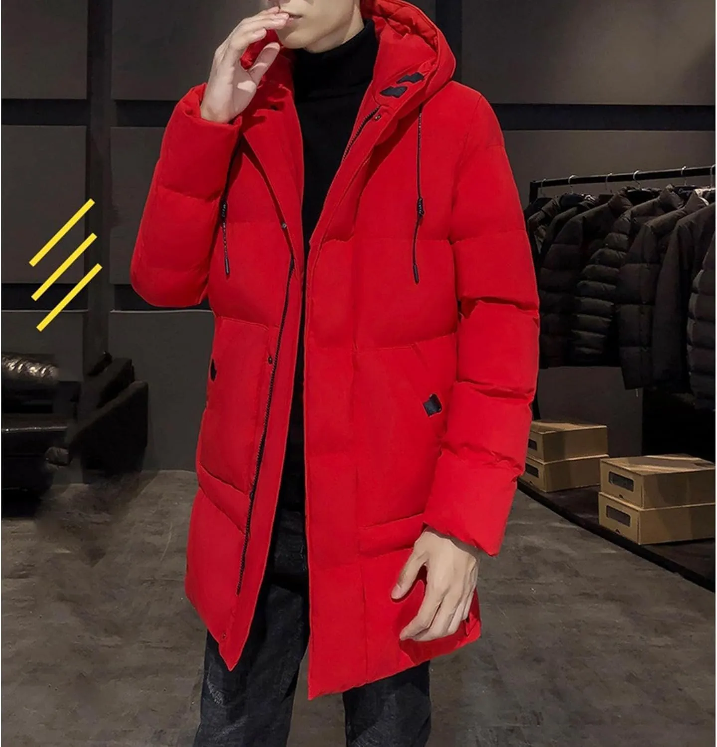 DGHM-JLMY Mens Mid Length Padded Cotton Jacket Hooded Windproof Thicken Puffer Coat Long Down Coats Warm Winter Outerwear