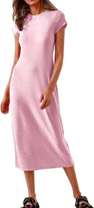 Dresses for Women 2025 Short Sleeve Slim Fit Soft Comfy Long Dress Solid Trendy Casual Summer Fashion Maxi Dress
