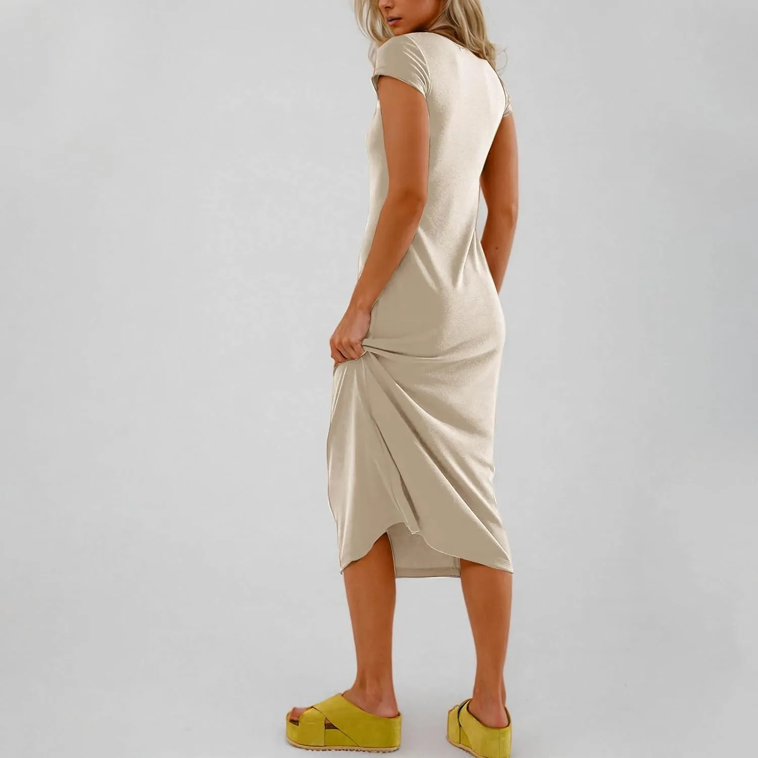 Dresses for Women 2025 Short Sleeve Slim Fit Soft Comfy Long Dress Solid Trendy Casual Summer Fashion Maxi Dress
