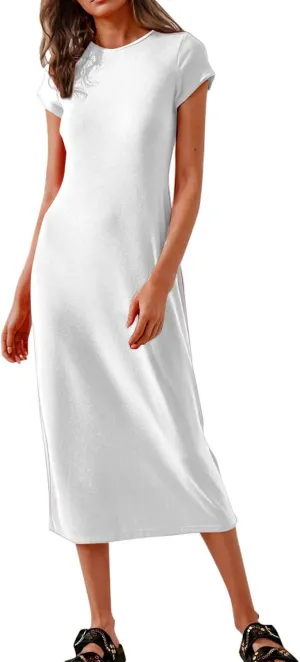 Dresses for Women 2025 Short Sleeve Slim Fit Soft Comfy Long Dress Solid Trendy Casual Summer Fashion Maxi Dress