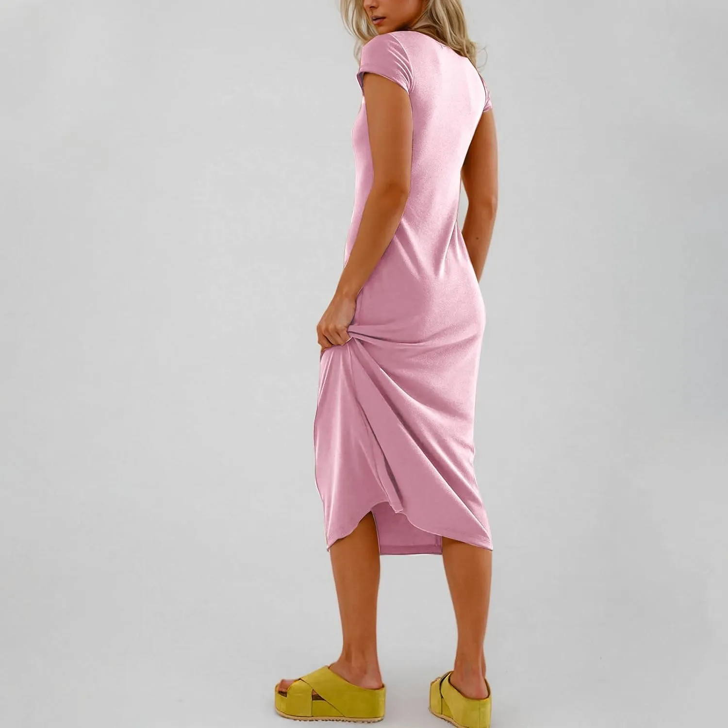 Dresses for Women 2025 Short Sleeve Slim Fit Soft Comfy Long Dress Solid Trendy Casual Summer Fashion Maxi Dress