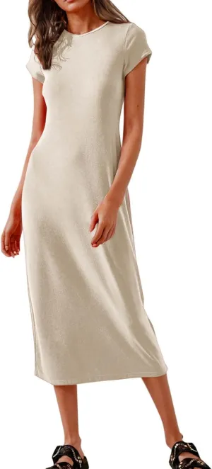 Dresses for Women 2025 Short Sleeve Slim Fit Soft Comfy Long Dress Solid Trendy Casual Summer Fashion Maxi Dress