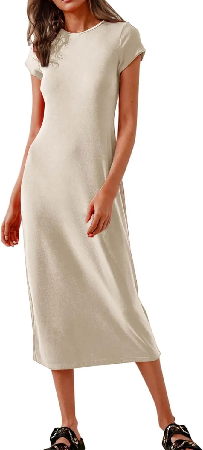 Dresses for Women 2025 Short Sleeve Slim Fit Soft Comfy Long Dress Solid Trendy Casual Summer Fashion Maxi Dress