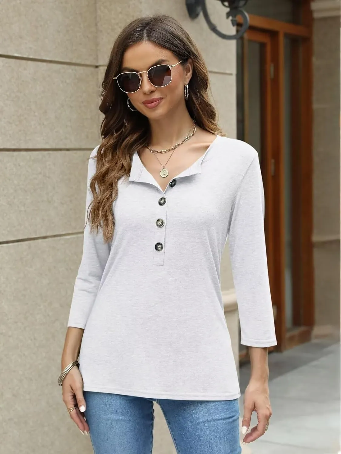EADINVE Women's 3/4 Sleeve T-Shirts Crew Neck Buttons Cute Casual Tunic Tops Basic Tees Blouses Loose Fit Pullover 2024
