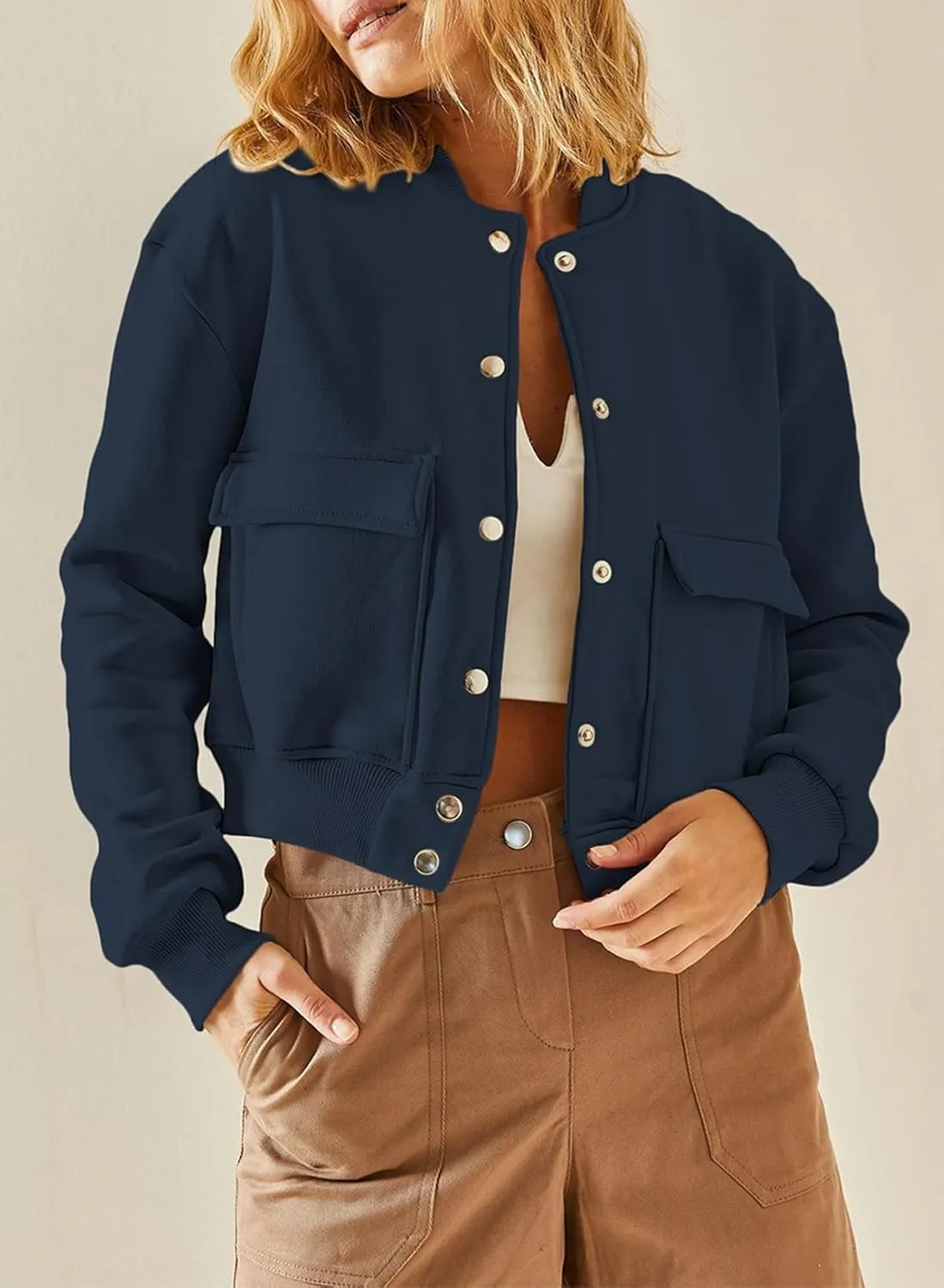 EVALESS Womens Jacket 2024 Fall Winter Long Sleeve Stand Collar Shacket with Side Pocket Lightweight Coat