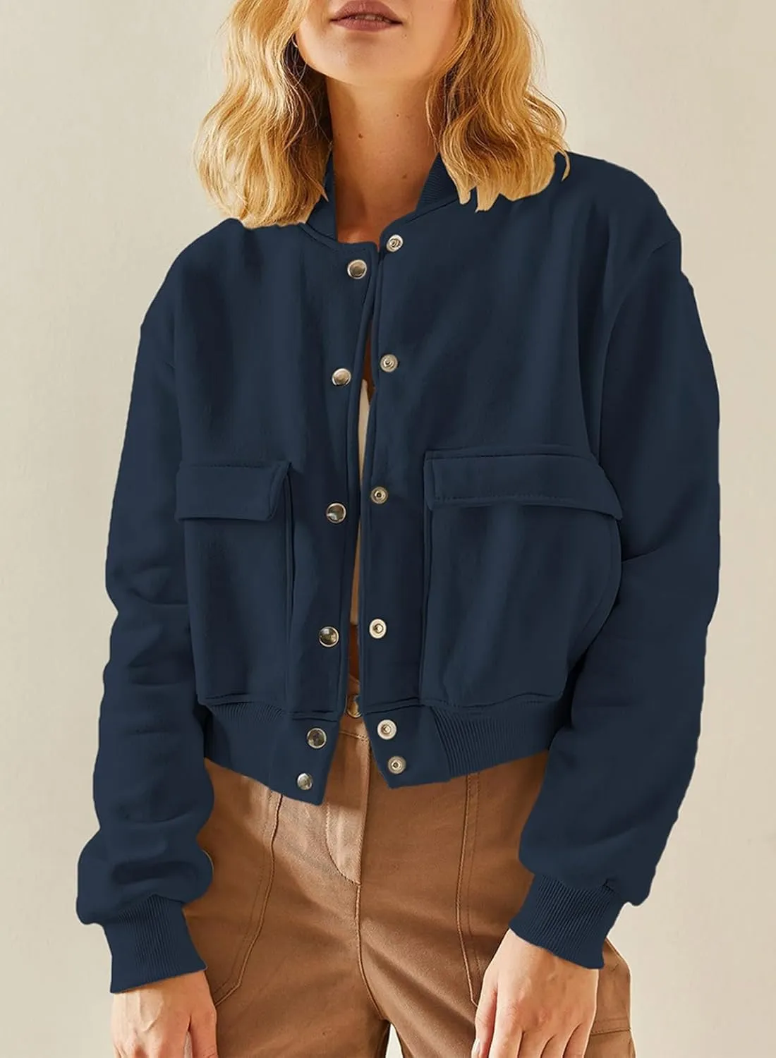 EVALESS Womens Jacket 2024 Fall Winter Long Sleeve Stand Collar Shacket with Side Pocket Lightweight Coat
