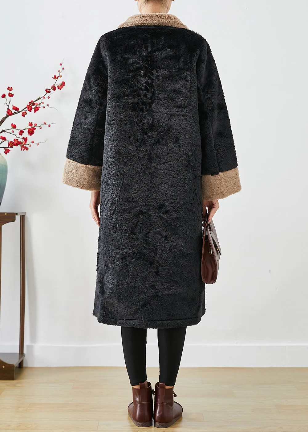 Fitted Black Oversized Patchwork Thick Fuzzy Fur Fluffy Jacket Fall