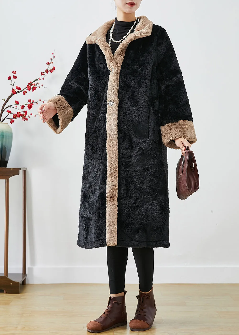 Fitted Black Oversized Patchwork Thick Fuzzy Fur Fluffy Jacket Fall