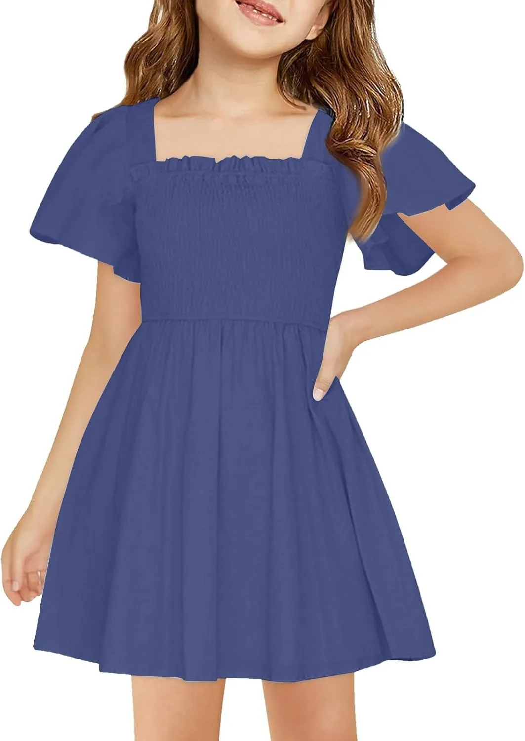Girls Beach Dress Summer Flutter Sleeve A-Line Party Dress Square Neck Soft Dance Dresses Wedding Dresses 5-14 Years