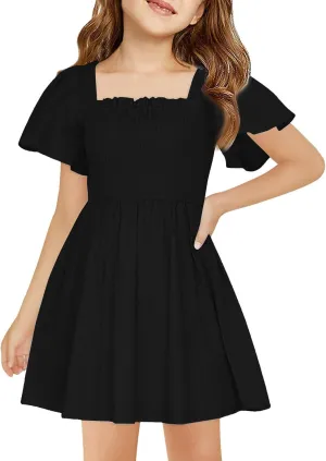 Girls Beach Dress Summer Flutter Sleeve A-Line Party Dress Square Neck Soft Dance Dresses Wedding Dresses 5-14 Years