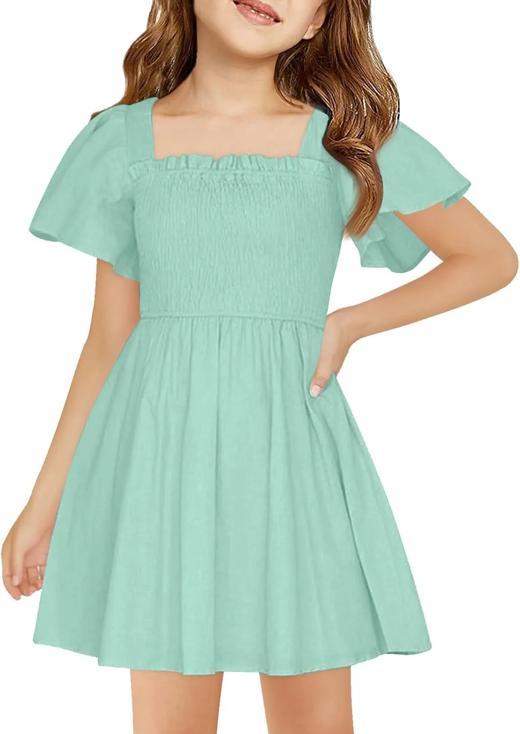 Girls Beach Dress Summer Flutter Sleeve A-Line Party Dress Square Neck Soft Dance Dresses Wedding Dresses 5-14 Years