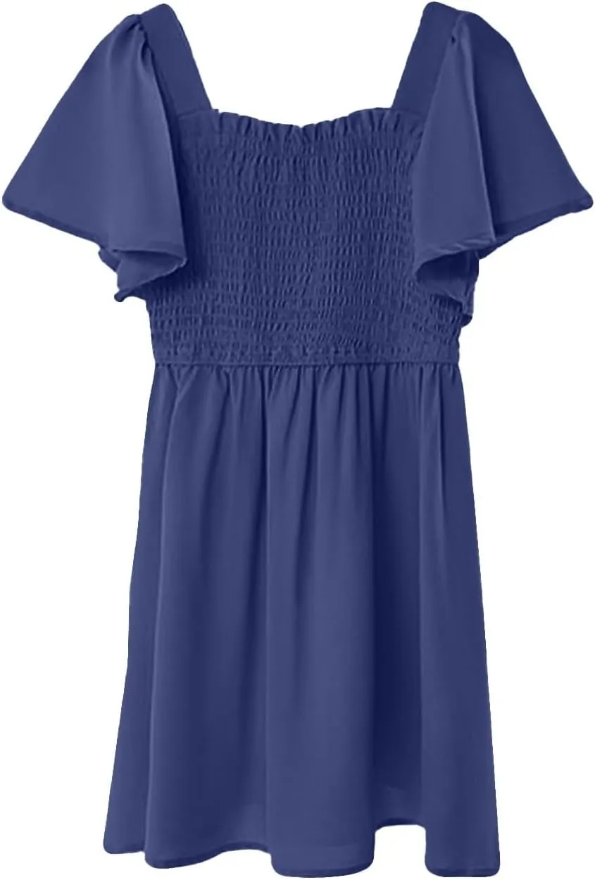 Girls Beach Dress Summer Flutter Sleeve A-Line Party Dress Square Neck Soft Dance Dresses Wedding Dresses 5-14 Years