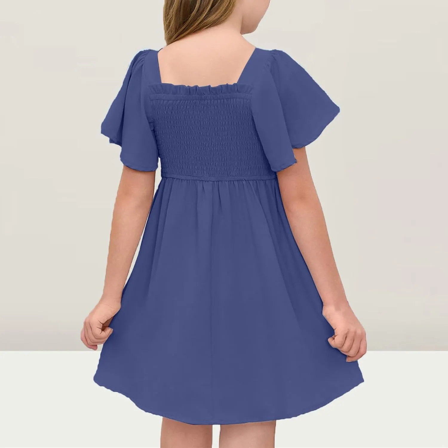 Girls Beach Dress Summer Flutter Sleeve A-Line Party Dress Square Neck Soft Dance Dresses Wedding Dresses 5-14 Years
