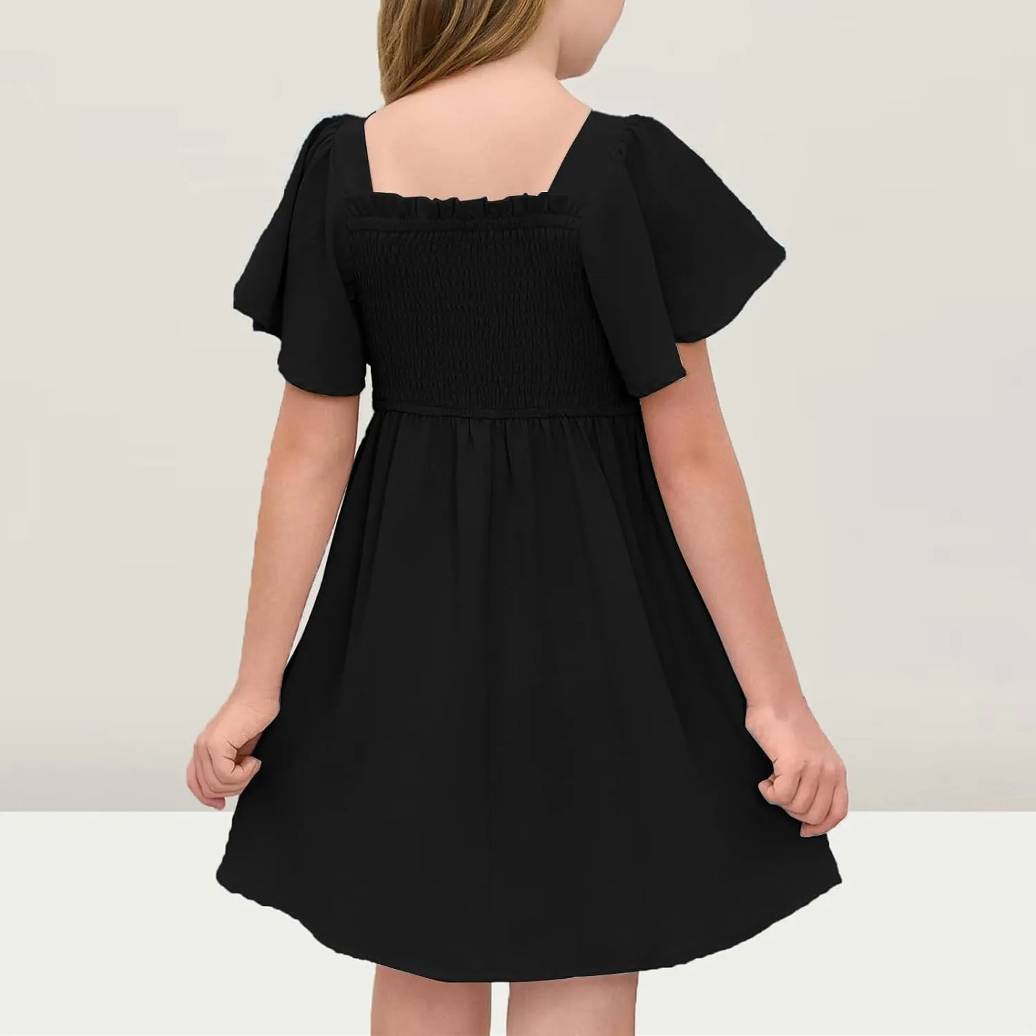 Girls Beach Dress Summer Flutter Sleeve A-Line Party Dress Square Neck Soft Dance Dresses Wedding Dresses 5-14 Years
