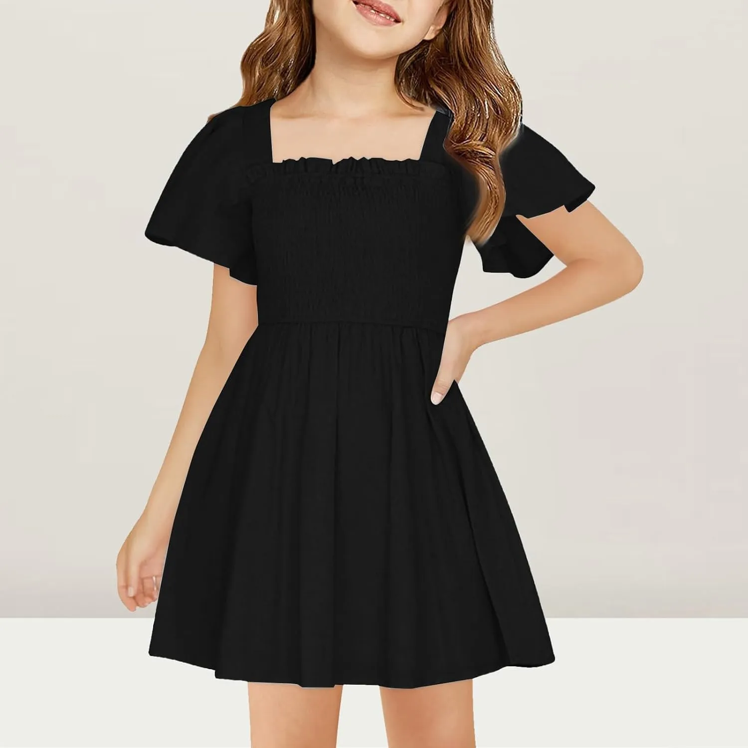 Girls Beach Dress Summer Flutter Sleeve A-Line Party Dress Square Neck Soft Dance Dresses Wedding Dresses 5-14 Years