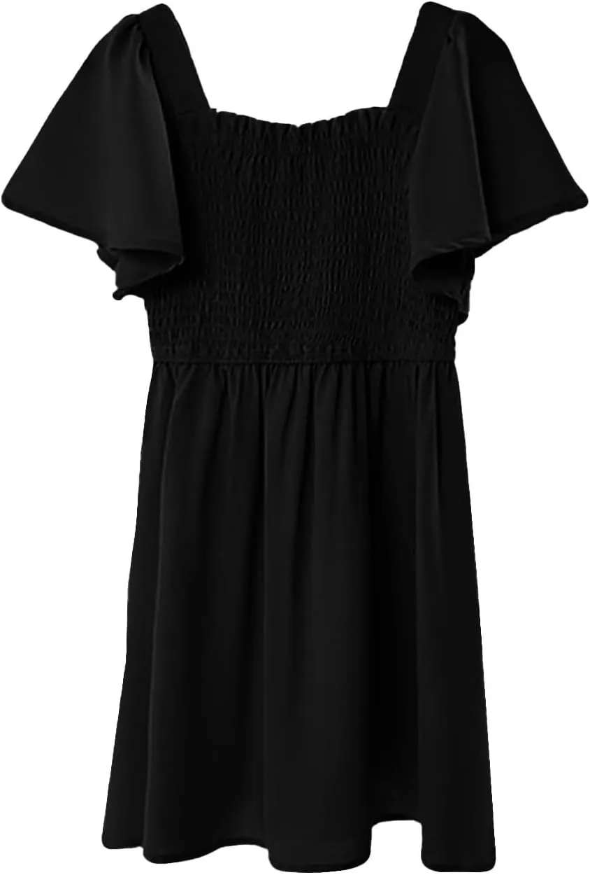 Girls Beach Dress Summer Flutter Sleeve A-Line Party Dress Square Neck Soft Dance Dresses Wedding Dresses 5-14 Years