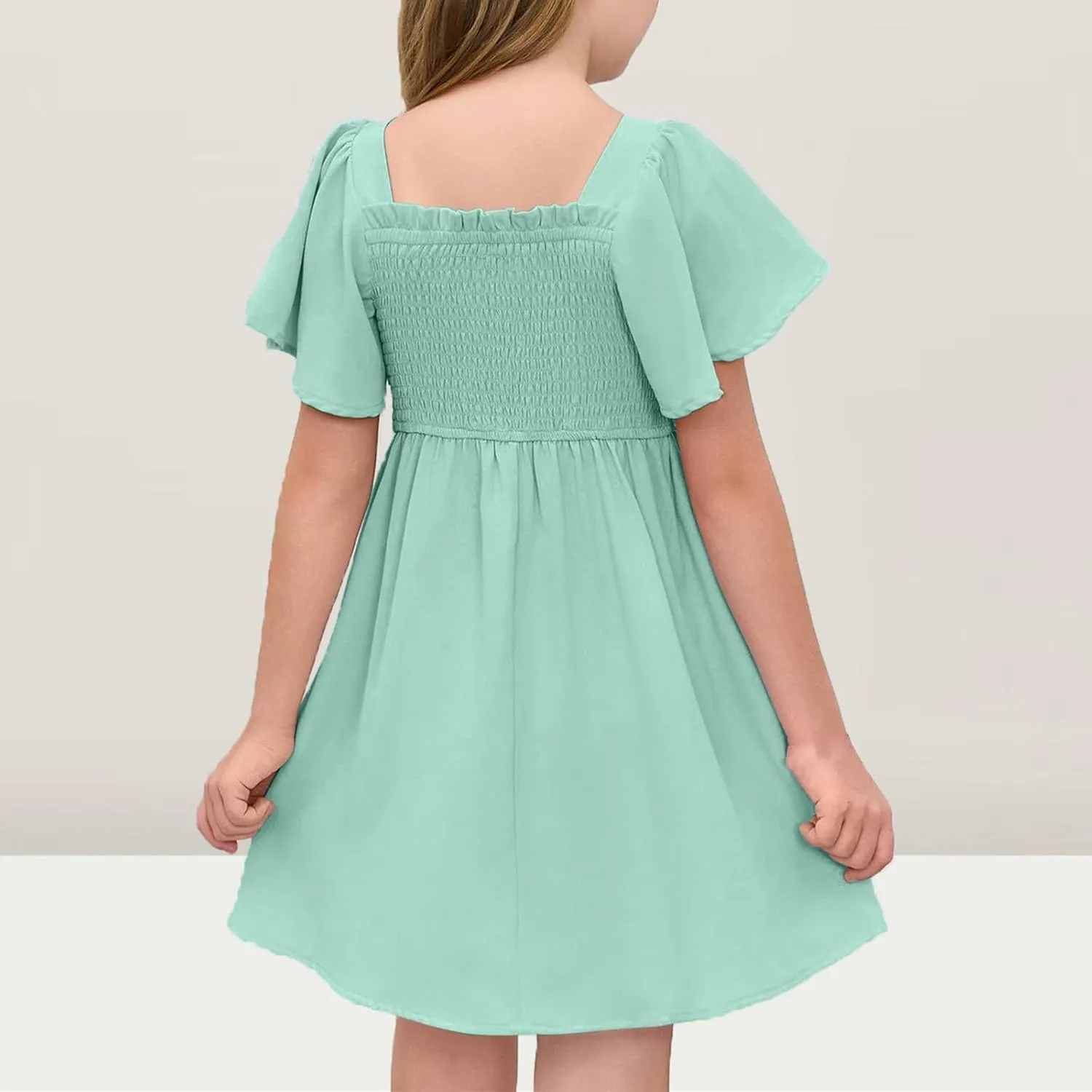 Girls Beach Dress Summer Flutter Sleeve A-Line Party Dress Square Neck Soft Dance Dresses Wedding Dresses 5-14 Years