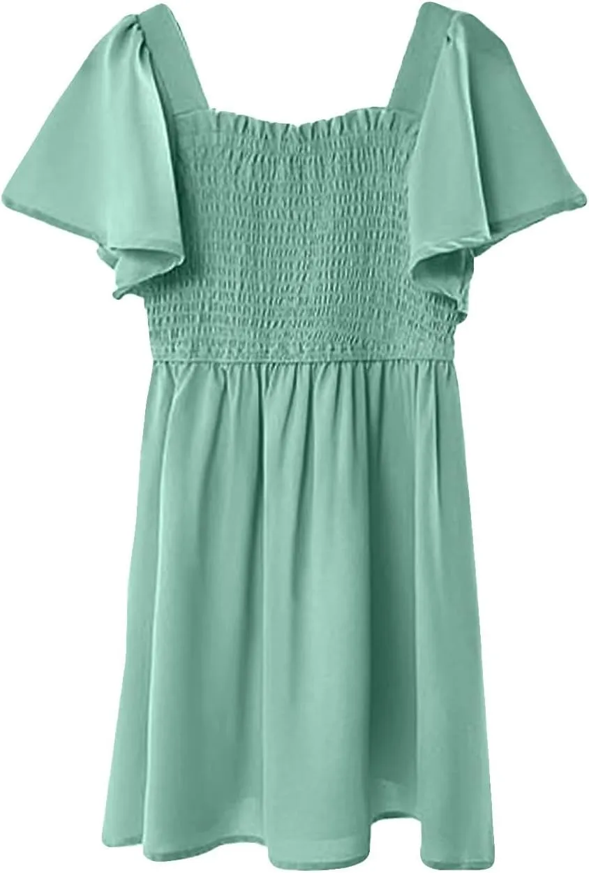 Girls Beach Dress Summer Flutter Sleeve A-Line Party Dress Square Neck Soft Dance Dresses Wedding Dresses 5-14 Years