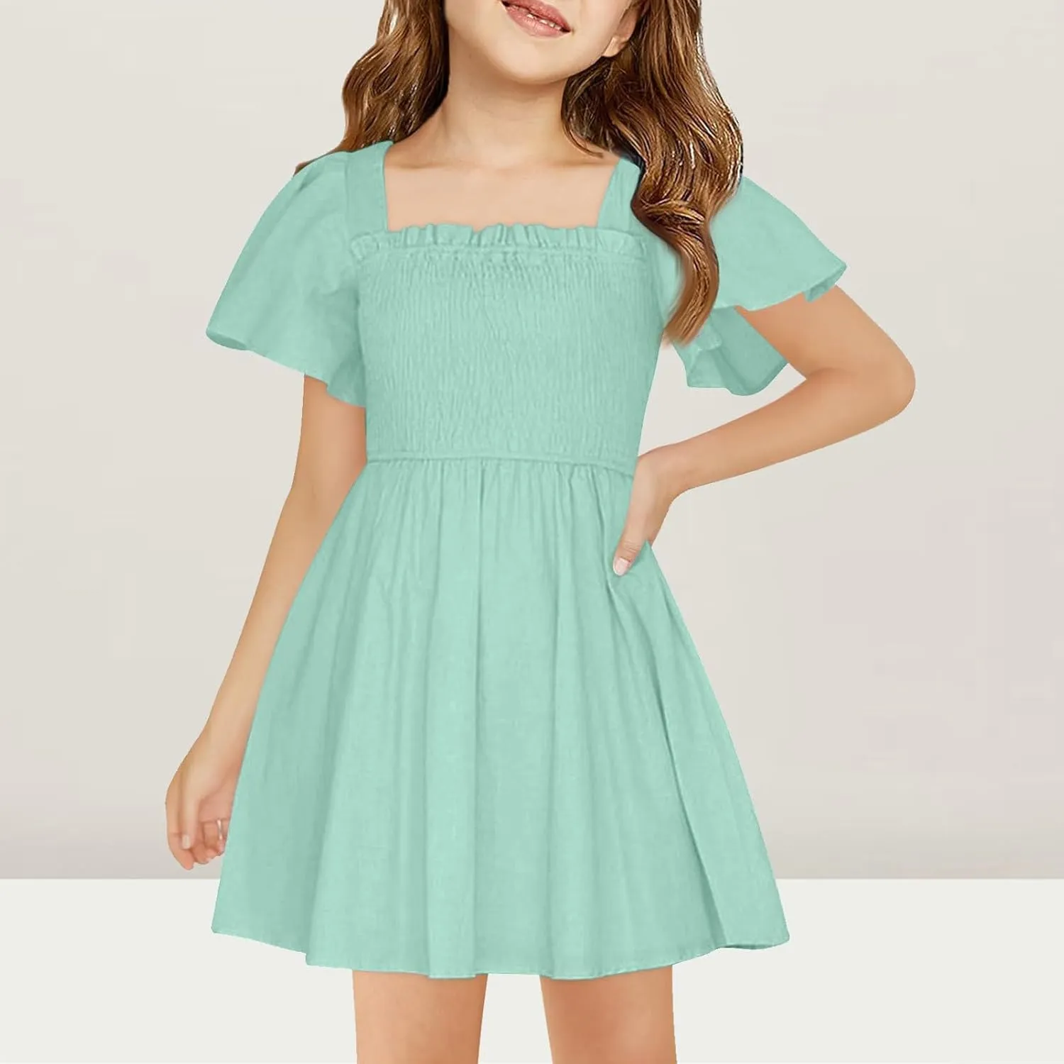 Girls Beach Dress Summer Flutter Sleeve A-Line Party Dress Square Neck Soft Dance Dresses Wedding Dresses 5-14 Years