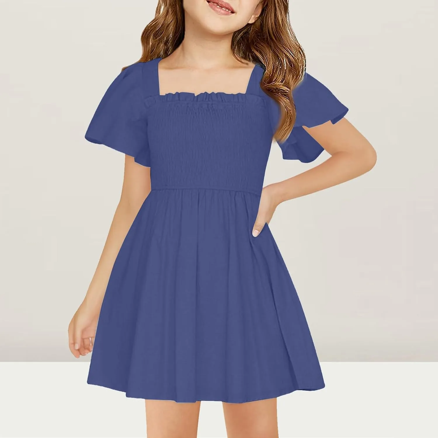 Girls Beach Dress Summer Flutter Sleeve A-Line Party Dress Square Neck Soft Dance Dresses Wedding Dresses 5-14 Years