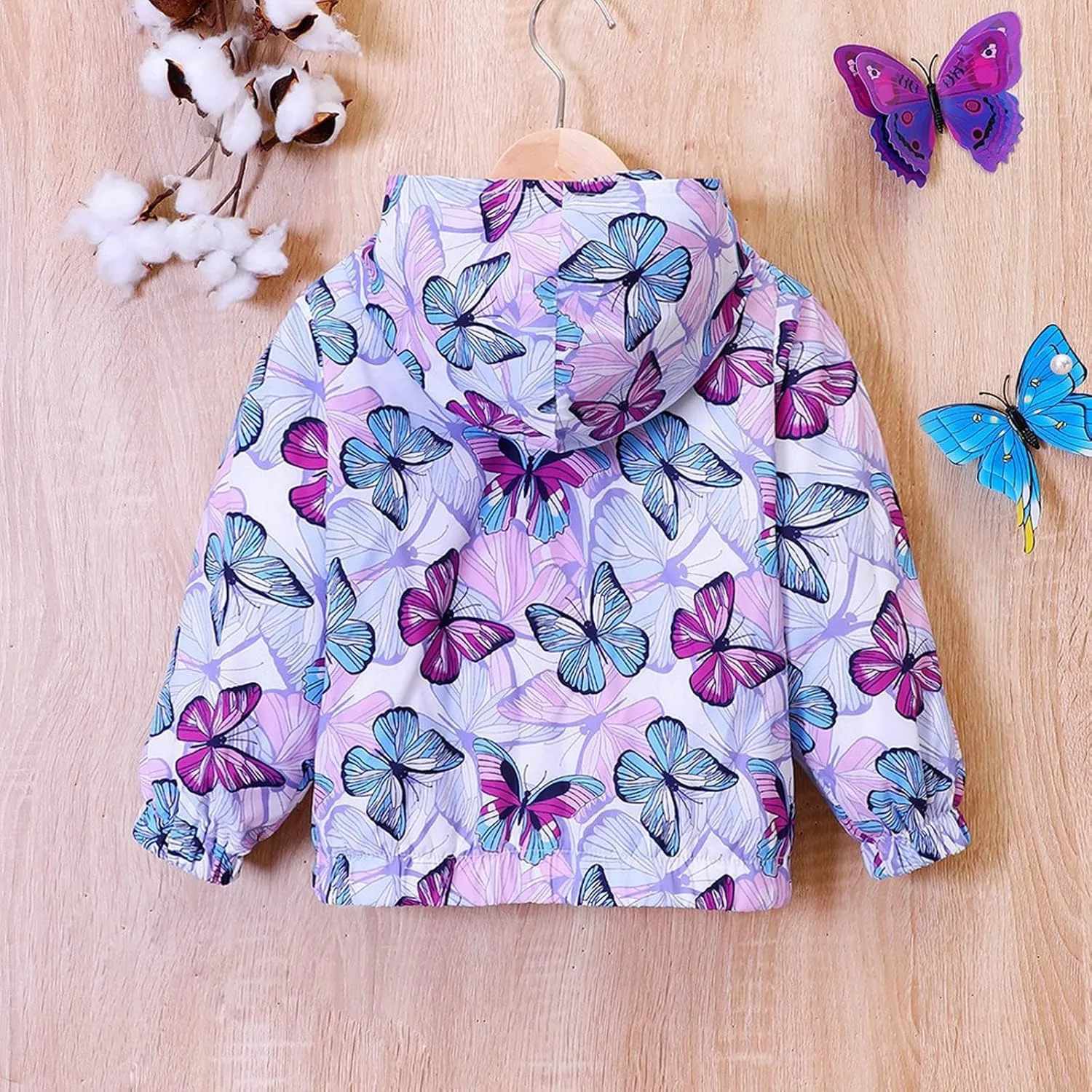 Girl's Hooded Rain Jackets Butterfly Print aterproof Trench Coat Windbreaker Raincoats for Girls
