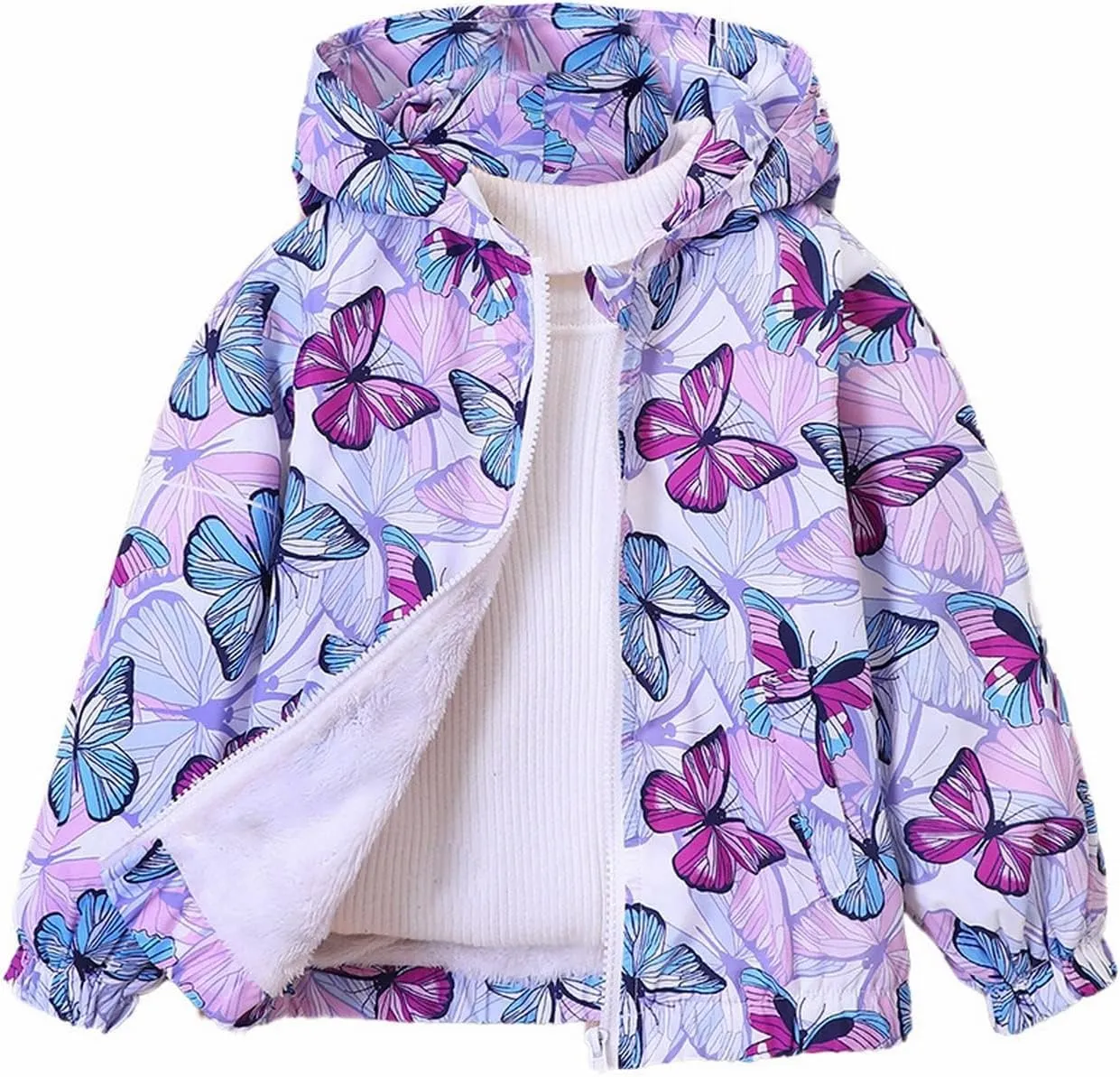 Girl's Hooded Rain Jackets Butterfly Print aterproof Trench Coat Windbreaker Raincoats for Girls