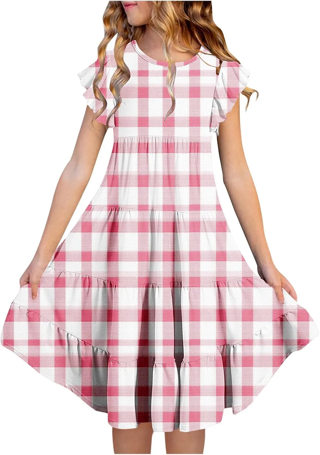Girls Plaid Dress Soft Crew Neck Ruffle Sleeve Dresses Sleeveless Swing Kids Casual Sundress Summer Outfits