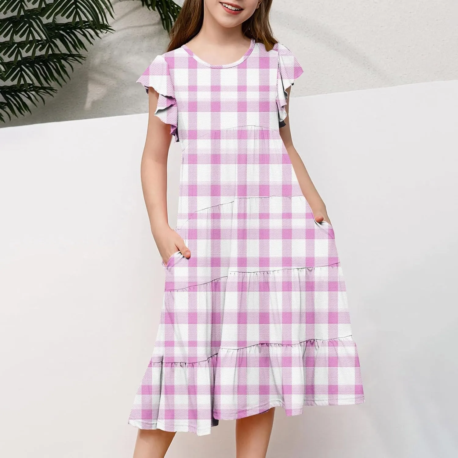 Girls Plaid Dress Soft Crew Neck Ruffle Sleeve Dresses Sleeveless Swing Kids Casual Sundress Summer Outfits