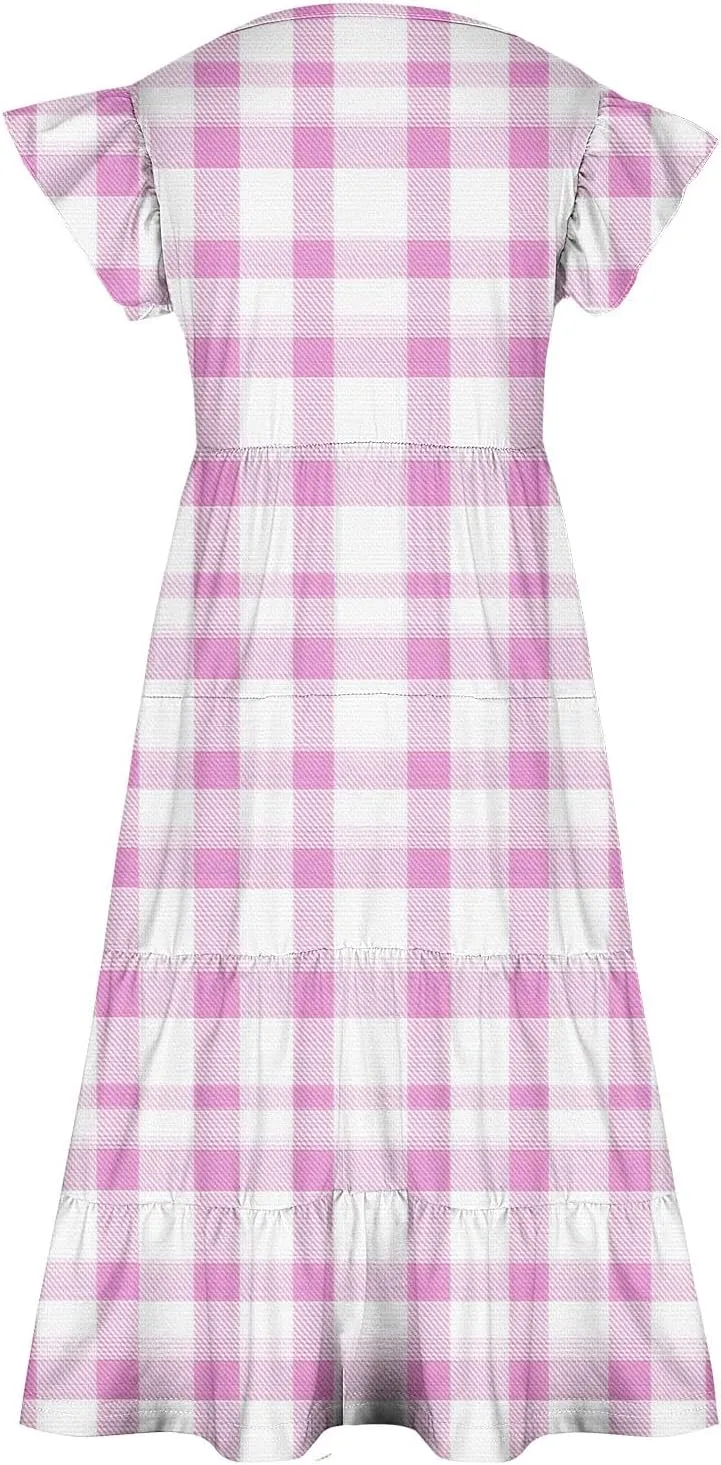 Girls Plaid Dress Soft Crew Neck Ruffle Sleeve Dresses Sleeveless Swing Kids Casual Sundress Summer Outfits