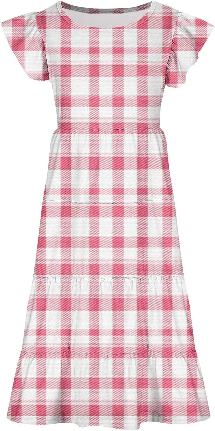 Girls Plaid Dress Soft Crew Neck Ruffle Sleeve Dresses Sleeveless Swing Kids Casual Sundress Summer Outfits